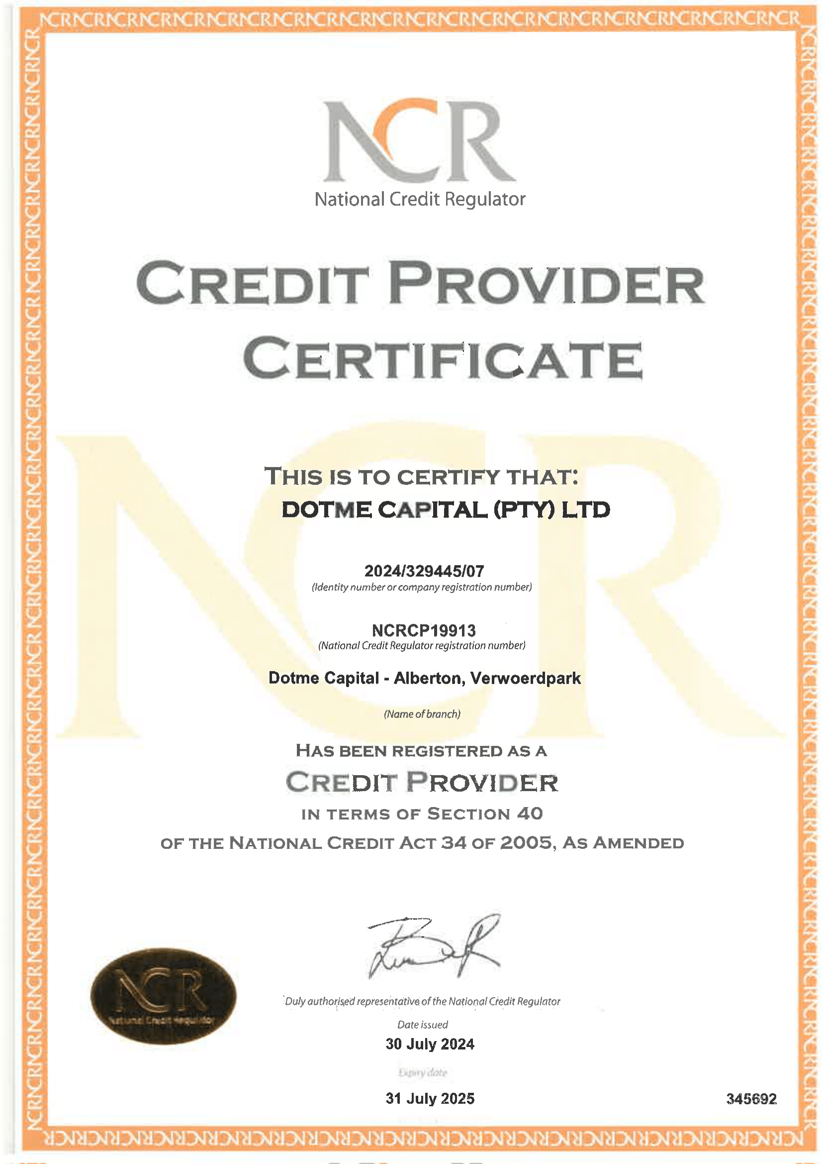 NCR Registered Certificate